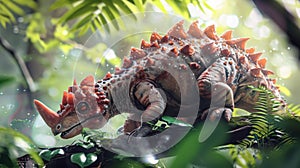Ankylosaurs lazily munch on dewcovered leaves their armored bodies sparkling in the soft morning light