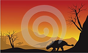 Ankylosaurus and brachiosaurus in fields scenery silhouette