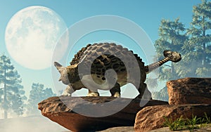 Ankylosaurus on a Rock Under the Moon