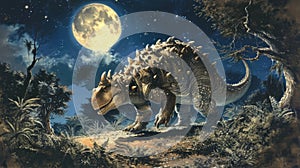 An Ankylosaurus uses its heavy club tail to knock down branches revealing a patch of moonlit bushes for it to eat