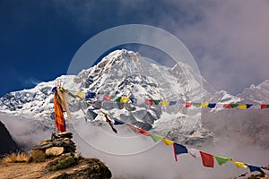 Annapurna I 8,091m with prayer flag from Annapurna base camp ,Nepal.