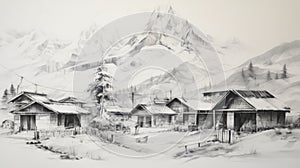 Annapurna Iii Sketch Mountains, Houses, And Trees In Realistic Figurative Style photo