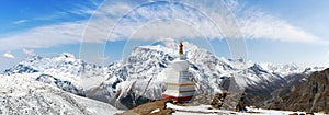 Annapurna mountain range and buddhist stupa