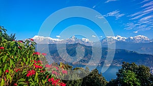 Annapurna Mountain Range Panorama view of Macchapuchre Fish Tail Mountain of Pokhara overlooking Phewa Lake, Nepal