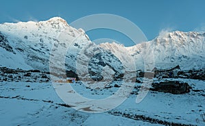 Annapurna mountain range view from Annapurna base camp of Annapurna conservation area of Nepal at dawn.