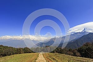 Annapurna mountain range view and trekking path in Nepal