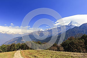 Annapurna mountain range view and trekking path in Nepal