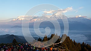 Annapurna, Nepal - November 14, 2018: Tourists meeting the dawn on Poon Hill 3210 m. It`s the famous view point in Gorepani