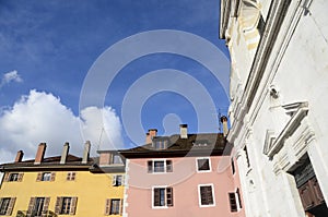 Annecy city, medieval buildings and church