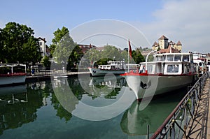 Annecy city, Thiou canal, boats and castle, Savoy, France