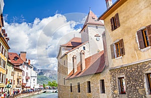 Annecy, France - May 12, 2019: Picturesque Alpine town in southeastern France, aka the`Pearl of French Alps`  or  `Venice of the A