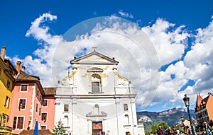 Annecy, France - May 12, 2019: Picturesque Alpine town in southeastern France, aka the`Pearl of French Alps`  or  `Venice of the A