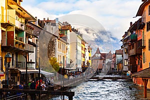 Annecy old town cityscape and Thiou river view and bridge