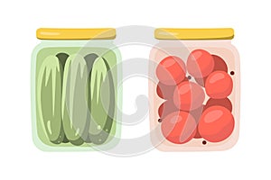 Ð¡anned Pickled tomatoes and cucumbers in banks. Isolated objects in flat style. Vector