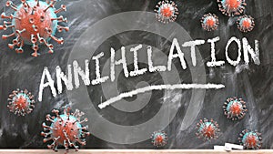 Annihilation and covid virus - pandemic turmoil and Annihilation pictured as corona viruses attacking a school blackboard with a