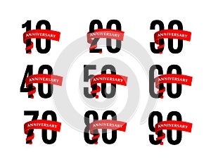 Anniversaries numbers with red ribbon vector illustrations set