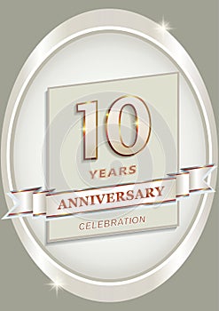 Anniversary 10th Celebration. Logo template in silver oval with decorative ribbon