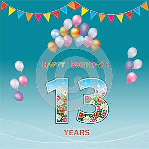 Anniversary 13 years. Happy Birthday greeting card. Vector illustration