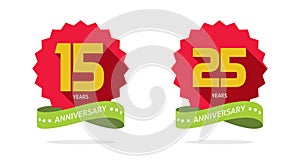 Anniversary 15 and 25 years celebrate logo vector medal or birthday jubilee 15th and 25th premium number ribbon icon set red and