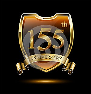 Anniversary 155. gold 3d numbers and shield. Celebrating poster