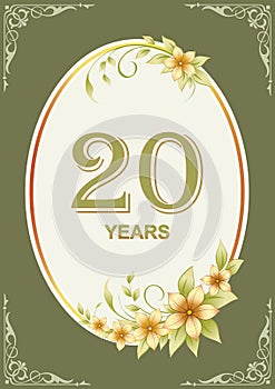 Anniversary 20th vector icon, logo, banner, greeting card with floral background.