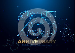 Anniversary 25. Polygonal Anniversary greeting banner. Celebrating 25th anniversary event party.fireworks background. Low polygon