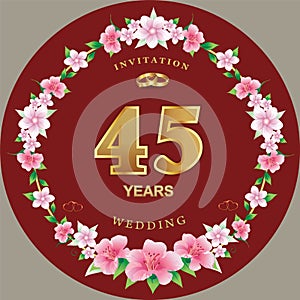 Anniversary 45 years, wedding card with floral pattern, hearts and rings. Vector illustration