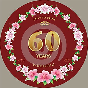Anniversary 60 years, wedding card with floral pattern, hearts and rings. Vector illustration