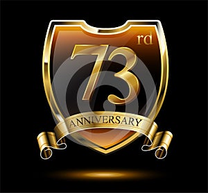 Anniversary 73. gold 3d numbers and shield. Celebrating poster