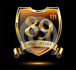 Anniversary 89. gold 3d numbers and shield. Celebrating poster