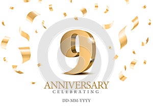 Anniversary 9. gold 3d numbers. Poster template for Celebrating 9th anniversary event party.