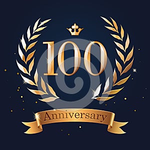 100 Anniversary badge design with laurel, ribbon and crown.