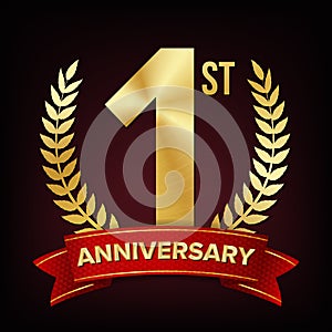 1 Anniversary Banner Vector. One Year Age, First Celebration. Shining Digit Sign. Gold Number One. Laurel Wreath. For