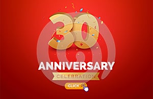 Anniversary birthday 30 years golden background. Happy vector poster 30th anniversary confetti celebration poster