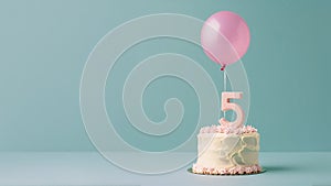 5 anniversary birthday cake number five helium balloon empty pastel background copy space photo