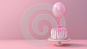 3 anniversary birthday cake number three helium balloon empty pastel background copy space photo