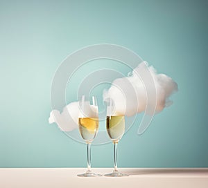 Anniversary celebration background. Two champagne glasses with clouds hovering.