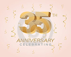 Anniversary celebration card. Gold numbers with sparkling confetti, sparkles and ribbons. Festive illustration