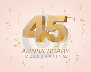 Anniversary celebration card. Gold numbers with sparkling confetti, sparkles and ribbons. Festive illustration