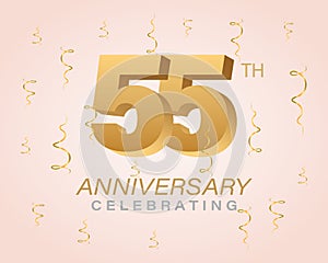 Anniversary celebration card. Gold numbers with sparkling confetti, sparkles and ribbons. Festive illustration