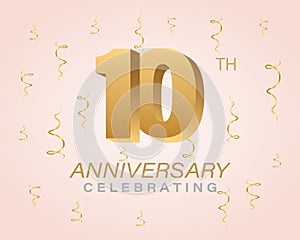 Anniversary celebration card. Gold numbers with sparkling confetti, stars, sparkles and ribbons. Festive illustration