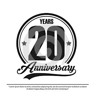 Anniversary celebration emblem 20th years. anniversary logo label, black and white stamp isolated, vector illustration template