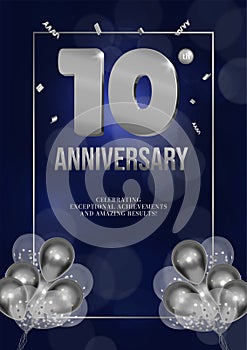 Anniversary celebration flyer silver numbers dark background design with realistic balloons 10