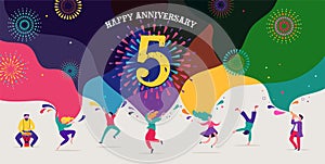 Anniversary celebration. Happy people dancing, playing music, celebrating. Vector illustration, banner, poster