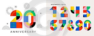 Anniversary concept design. Modern geometric style. Fireworks and celebration colorful background, set of numbers