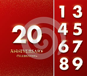Anniversary design template with 3D white numbers with glow and sparkle of golden frame