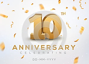 10 Anniversary gold numbers with golden confetti. Celebration 10th anniversary event party template