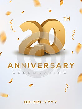 20 Anniversary gold numbers with golden confetti. Celebration 20th anniversary event party template photo