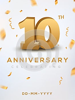 10 Anniversary gold numbers with golden confetti. Celebration 10th anniversary event party template