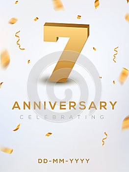 7 Anniversary gold numbers with golden confetti. Celebration 7th anniversary event party template photo